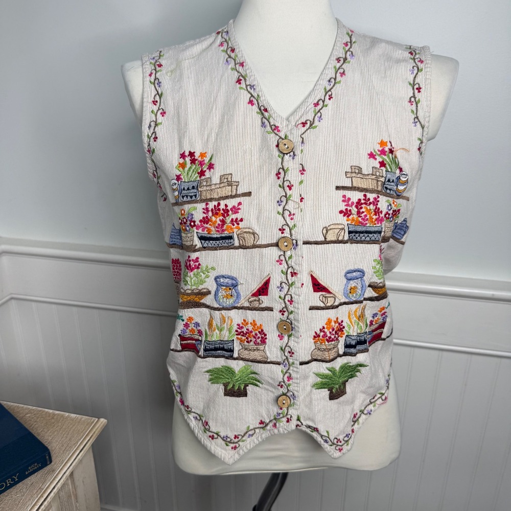 New Directions Vintage Floral Garden Embroidered Corduroy Vest Cream Womens M